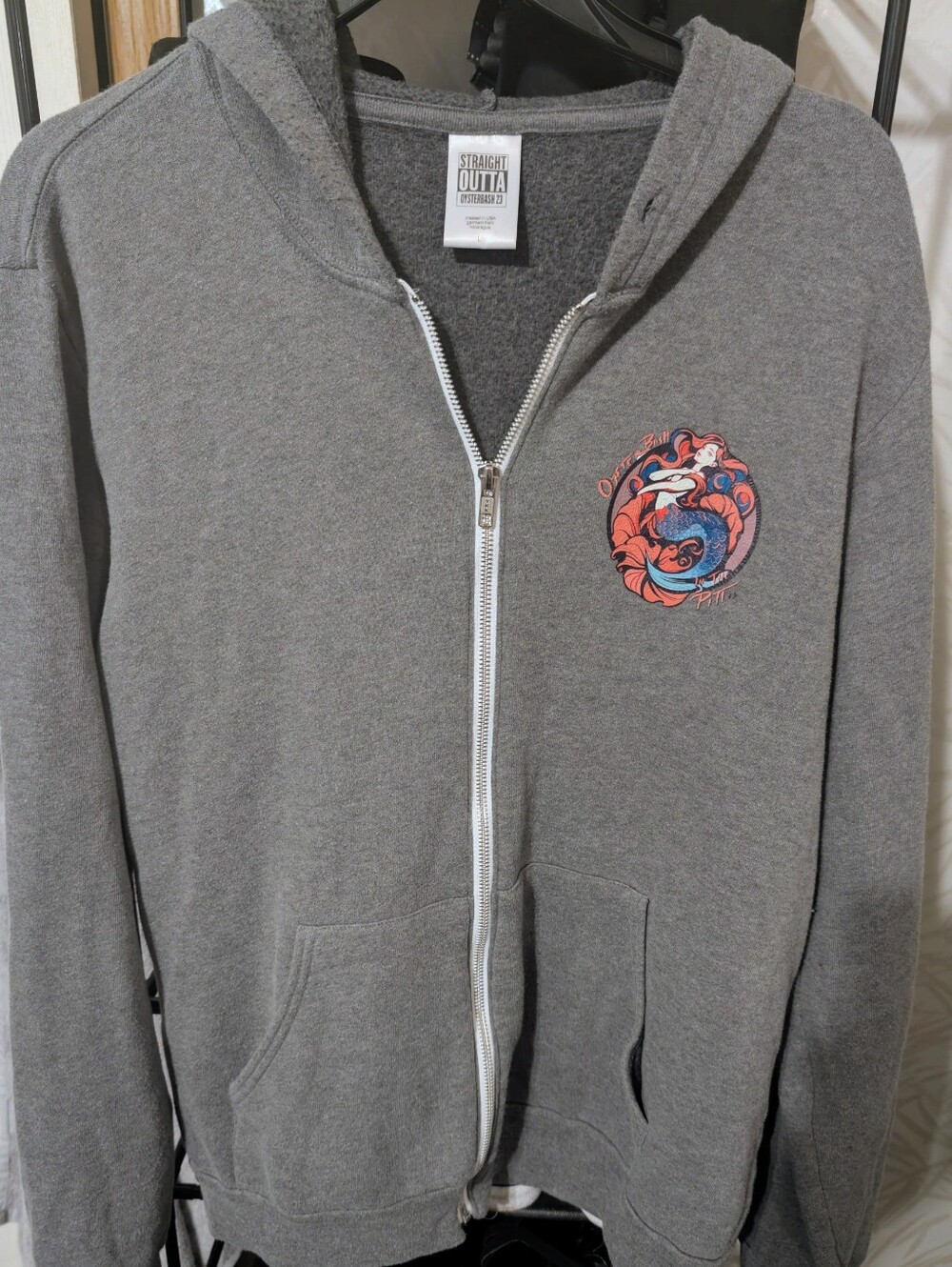 Straight Outta Oyster Bash 23 Men's Gray Zip Hoodie with Mermaid Graphic Large